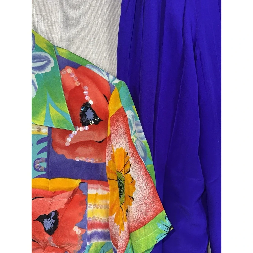 Vintage NWT Diane Gilman 100% Silk Blouse Reversible Pants Set Women's 2X Floral - Picture 13 of 16